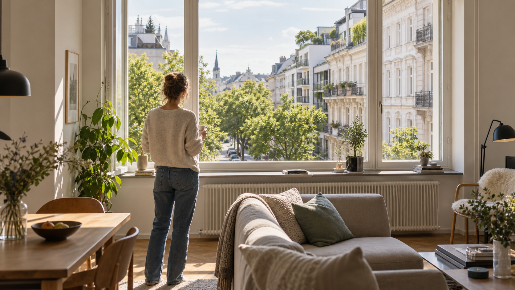 Blick aus einer hellen Stadtwohnung in eine baumbestandene Wohngegend